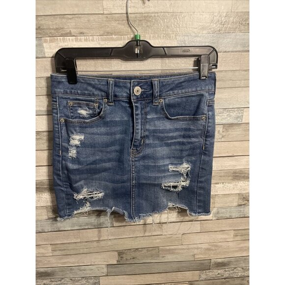 Women’s American eagle high-rise mini skirt medium wash distressed size 4 - Picture 1 of 10